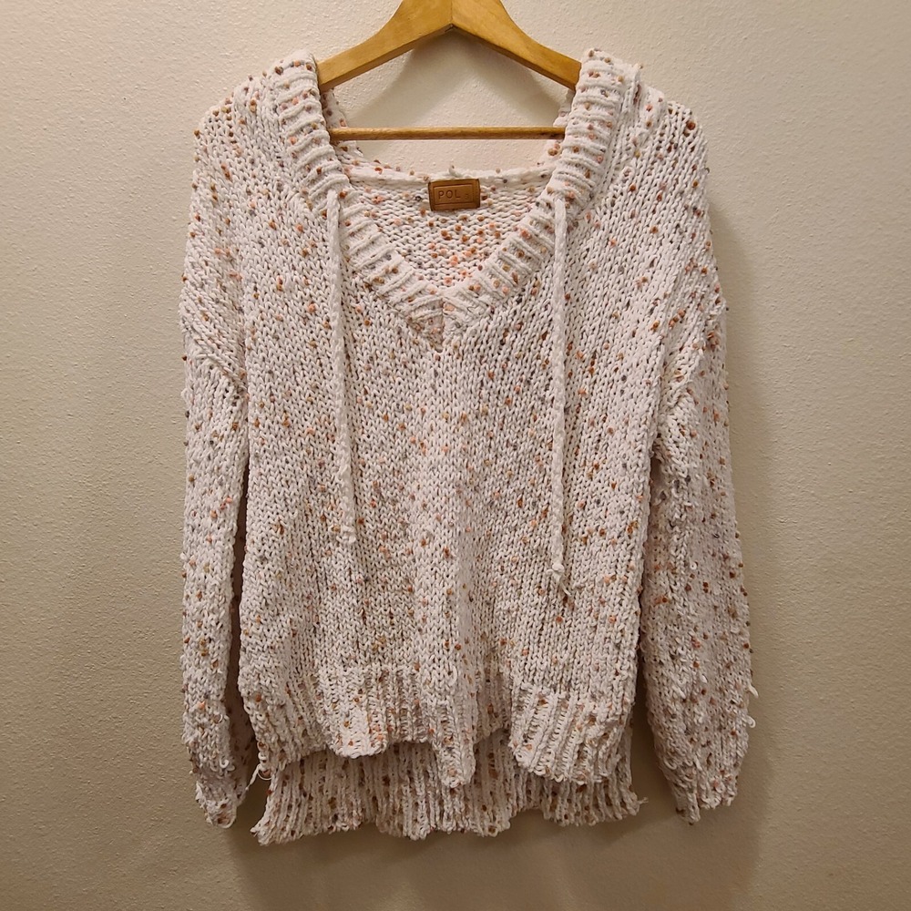 POL Confetti Distressed Oversized Hoodie Sweater Size Small Cream Multi Color